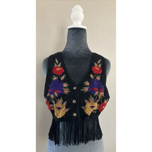 Vintage Vest Festival Crushed Velvet Embroidered Fringe Flowers Boho Hippie SM